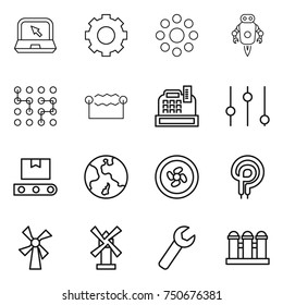 thin line icon set : notebook, gear, round around, jet robot, chip, electrostatic, cashbox, equalizer, transporter tape, earth, cooler fan, elecric oven, windmill, wrench, grain elevator