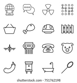 thin line icon set : notebook globe, discussion, nuclear, chip, basket, chicken leg, building helmet, fence, plane, antique column, phone, pig, eggplant, hive, bath, duster