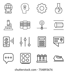 thin line icon set : notebook globe, bulb head, gear, round flask, microscope, server, laser, nano tube, mobile pay, equalizer, calculator, location details, sms, hob, grain elevator, iron