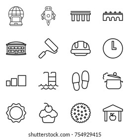 thin line icon set : notebook globe, jet robot, bridge, airport building, repair, helmet, clock, sorting, pool, slippers, steam pan, induction oven, cupcake, cookies, warehouse