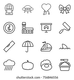 Thin line icon set : notebook globe, ufo, cardio chip, bow, info, mansion, presentation, repair, level, dry cargo, sail boat, shark flipper, rain cloud, pumpkin, soap, washing powder