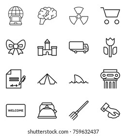 Thin line icon set : notebook globe, brain, nuclear, cart, bow, castle, shipping, perishable, inventory, tent, shark flipper, antique column, welcome mat, kettle, fork, wiping