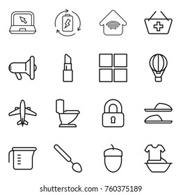 Thin line icon set : notebook, battery charge, wireless home, add to basket, megafon, lipstick, window, air ballon, airplane, toilet, locked, slippers, measuring cup, big spoon, acorn