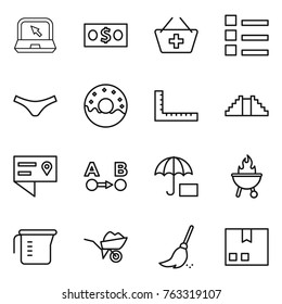 Thin line icon set : notebook, money, add to basket, list, underpants, donut, ruler, pyramid, location details, route a b, insurance, bbq, measuring cup, wheelbarrow, broom, package