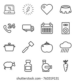 Thin line icon set : notebook, lightning, heart, stadium, phone 24, shipping, calendar, speaker, pan, meat hammer, tomato, rain cloud, sheep, pills bottle, water pump, carrot