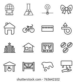 Thin line icon set : notebook globe, flask, laser, bow, home, bike, bunker, trip, hotel, tv, coffee seeds, warehouse, farm fence, spot, hand dryer