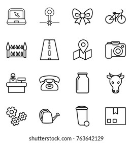 Thin line icon set : notebook, laser, bow, bike, gothic architecture, road, map, camera, reception, phone, bank, cow, gears, watering can, trash bin, package