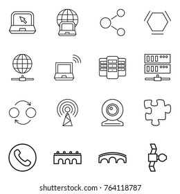 Thin line icon set : notebook, globe, molecule, hex, connect, wireless, server, quantum bond, antenna, web cam, puzzle, phone, bridge, satellite