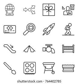 Thin line icon set : notebook globe, core splitting, gift, architector, credit card, cargo search, rocket, tourist, escalator, tent, water tap, crib, big spoon, hob, bbq, sponge