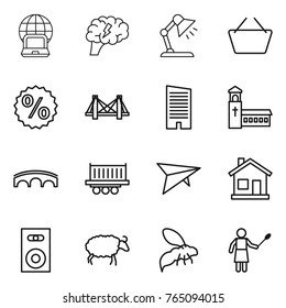 Thin line icon set : notebook globe, brain, table lamp, basket, percent, bridge, skyscraper, church, truck shipping, deltaplane, home, speaker, sheep, wasp, woman with duster