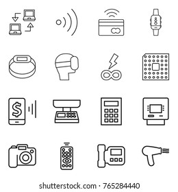 Thin line icon set : notebook connect, wireless, tap to pay, smart watch, bracelet, virtual mask, infinity power, cpu, mobile, market scales, calculator, atm, camera, remote control, intercome