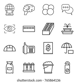 Thin Line Icon Set : Notebook Globe, Brain, Atom Core, Discussion, Eye Identity, Bunker, Brick, Fountain, Greenhouse, Phone, Tax, Insurance, Flour, Grain Elevator, Foam Bucket, Do Not Distrub