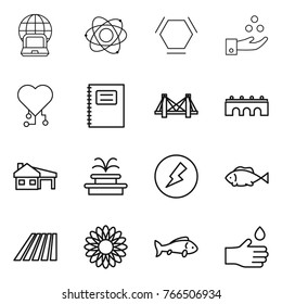 Thin line icon set : notebook globe, atom, hex molecule, chemical industry, cardio chip, copybook, bridge, house with garage, fountain, electricity, fish, field, flower, hand drop
