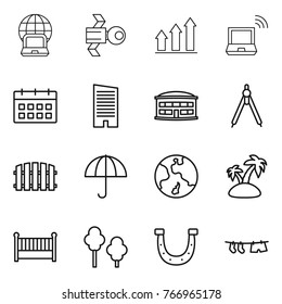 Thin line icon set : notebook globe, satellite, graph up, wireless, calendar, skyscraper, airport building, drawing compasses, fence, dry cargo, earth, island, crib, trees, horseshoe, drying clothe