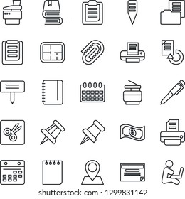 Thin Line Icon Set - notepad vector, drawing pin, calendar, document reload, printer, plant label, clipboard, paper, cut, clip, folder, copier, book, pen, plan, cash, schedule, man with notebook