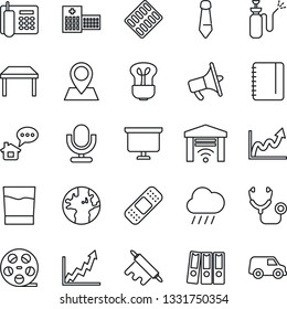 Thin Line Icon Set - Notepad Vector, Tie, Presentation Board, Rain, Garden Sprayer, Stethoscope, Pills Blister, Patch, Hospital, Earth, Pin, Reel, Loudspeaker, Microphone, Office Phone, Paper Binder