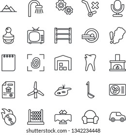 Thin Line Icon Set - notepad vector, tomography, caries, no trolley, rack, flame disk, tv, microphone, abacus, stamp, pond, windmill, mountains, warehouse, estate document, bathroom, fireplace, gear