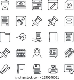 Thin Line Icon Set - notepad vector, document, coffee, drawing pin, calendar, cash, receipt, paper, folder, notes, cut, copybook, clip, search, printer, contract, book, stapler, plane, certificate