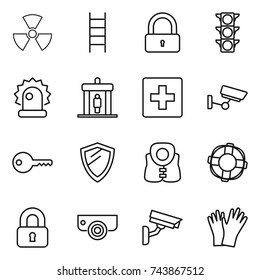 thin line icon set : nuclear, stairs, lock, traffic light, alarm, detector, first aid, surveillance, key, shield, life vest, lifebuoy, locked, camera, gloves