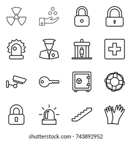 thin line icon set : nuclear, chemical industry, lock, alarm, security man, detector, first aid, surveillance, key, safe, lifebuoy, locked, stairs, gloves