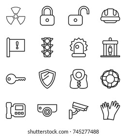 thin line icon set : nuclear, lock, unlock, building helmet, important flag, traffic light, alarm, detector, key, shield, life vest, lifebuoy, intercome, surveillance camera, gloves