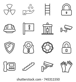 thin line icon set : nuclear, chemical industry, stairs, lock, building helmet, important flag, detector, surveillance, shield, life vest, lifebuoy, locked, intercome, camera, gloves