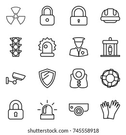 thin line icon set : nuclear, lock, building helmet, traffic light, alarm, security man, detector, surveillance, shield, life vest, lifebuoy, locked, camera, gloves