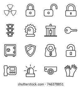 thin line icon set : nuclear, lock, unlock, traffic light, alarm, detector, key, safe, shield, life vest, unlocked, intercome, surveillance camera, gloves
