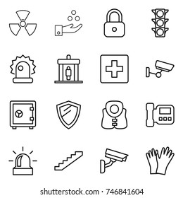 thin line icon set : nuclear, chemical industry, lock, traffic light, alarm, detector, first aid, surveillance, safe, shield, life vest, intercome, stairs, camera, gloves