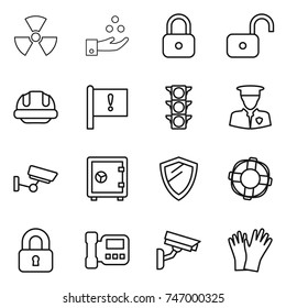 thin line icon set : nuclear, chemical industry, lock, unlock, building helmet, important flag, traffic light, security man, surveillance, safe, shield, lifebuoy, locked, intercome, camera, gloves