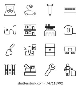 thin line icon set : nuclear power, electric car, nail, bunker, slum, modular house, factory, measuring tape, construction, architector, barrel, railroad shipping, pallet, harvester, wrench