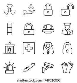 thin line icon set : nuclear, chemical industry, lock, unlock, stairs, building helmet, security man, detector, first aid, life vest, locked, alarm, surveillance camera, gloves
