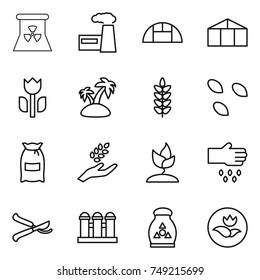 thin line icon set : nuclear power, factory, greenhouse, perishable, island, spikelets, seeds, flour, harvest, sprouting, sow, pruner, grain elevator, fertilizer, ecology