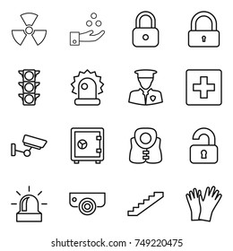 thin line icon set : nuclear, chemical industry, lock, traffic light, alarm, security man, first aid, surveillance, safe, life vest, unlocked, camera, stairs, gloves