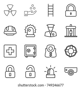 thin line icon set : nuclear, chemical industry, stairs, lock, building helmet, alarm, security man, detector, first aid, safe, life vest, lifebuoy, locked, unlocked, surveillance camera