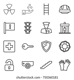 thin line icon set : nuclear, chemical industry, stairs, building helmet, important flag, traffic light, security man, detector, first aid, key, shield, lifebuoy, unlocked, surveillance camera