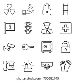 thin line icon set : nuclear, chemical industry, lock, stairs, important flag, traffic light, security man, first aid, surveillance, key, safe, locked, intercome, alarm, camera, gloves