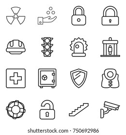 thin line icon set : nuclear, chemical industry, lock, building helmet, traffic light, alarm, detector, first aid, safe, shield, life vest, lifebuoy, unlocked, stairs, surveillance camera
