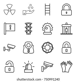 thin line icon set : nuclear, chemical industry, stairs, lock, important flag, traffic light, alarm, detector, surveillance, life vest, lifebuoy, locked, unlocked, camera, gloves