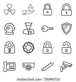 thin line icon set : nuclear, chemical industry, lock, alarm, security man, key, shield, life vest, lifebuoy, locked, unlocked, intercome, surveillance camera, stairs