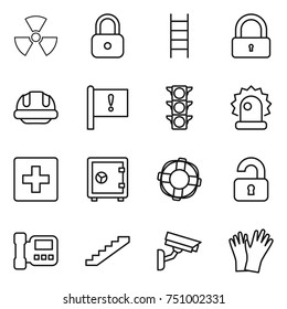 thin line icon set : nuclear, lock, stairs, building helmet, important flag, traffic light, alarm, first aid, safe, lifebuoy, unlocked, intercome, surveillance camera, gloves
