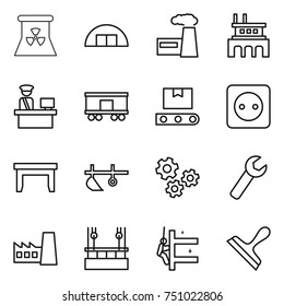 thin line icon set : nuclear power, hangar, factory, customs control, railroad shipping, transporter tape, socket, table, plow, gears, wrench, skysrcapers cleaning, skyscrapers, scraper
