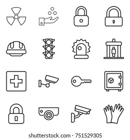 thin line icon set : nuclear, chemical industry, lock, building helmet, traffic light, alarm, detector, first aid, surveillance, key, safe, locked, camera, gloves
