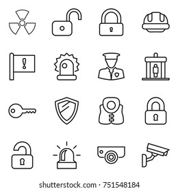 thin line icon set : nuclear, unlock, lock, building helmet, important flag, alarm, security man, detector, key, shield, life vest, locked, unlocked, surveillance camera