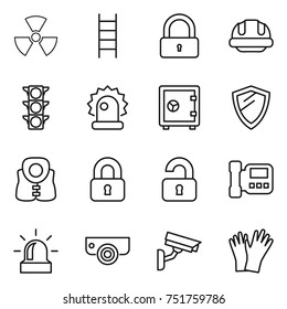 thin line icon set : nuclear, stairs, lock, building helmet, traffic light, alarm, safe, shield, life vest, locked, unlocked, intercome, surveillance camera, gloves