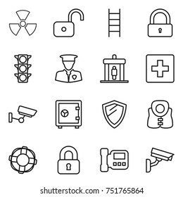 thin line icon set : nuclear, unlock, stairs, lock, traffic light, security man, detector, first aid, surveillance, safe, shield, life vest, lifebuoy, locked, intercome, camera