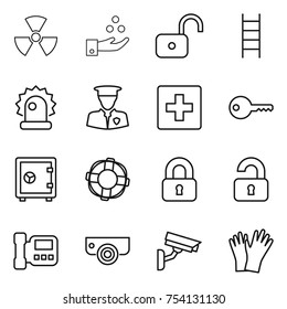 thin line icon set : nuclear, chemical industry, unlock, stairs, alarm, security man, first aid, key, safe, lifebuoy, locked, unlocked, intercome, surveillance camera, gloves
