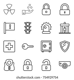 thin line icon set : nuclear, chemical industry, lock, important flag, traffic light, alarm, detector, first aid, key, safe, shield, life vest, locked, unlocked, surveillance camera
