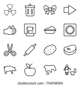 thin line icon set : nuclear, bin, bow, right arrow, acid, atm, washing, ring button, scissors, rolling pin, potato, steake, pig, apple, spot, toilet cleaning