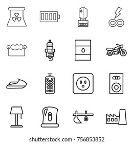 Thin line icon set : nuclear power, battery, crystall memory, infinity, electrostatic, spark plug, barrel, motorcycle, jet ski, remote control, socket, speaker, floor lamp, kettle, plow, factory